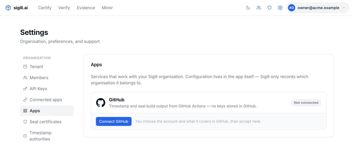 Settings → Apps in Sigill, with the GitHub card and a Connect GitHub button