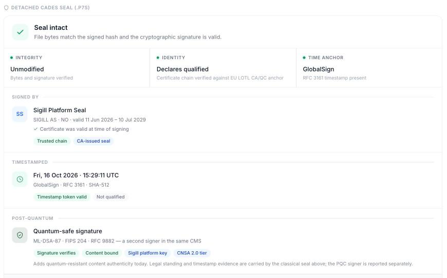 sigill.ai/verify: seal intact, signed, timestamped, post-quantum signature verifies