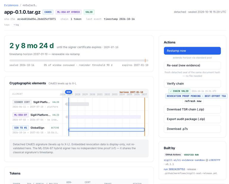 A sealed release asset in Sigill: CAdES, ML-DSA-87 hybrid, valid — with Issued by