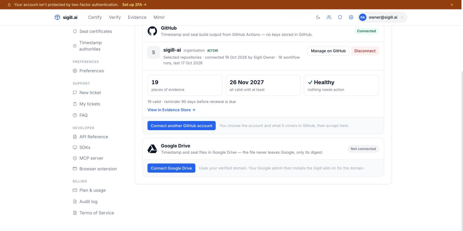 Settings → Apps in Sigill, with the Google Drive card and a Connect button