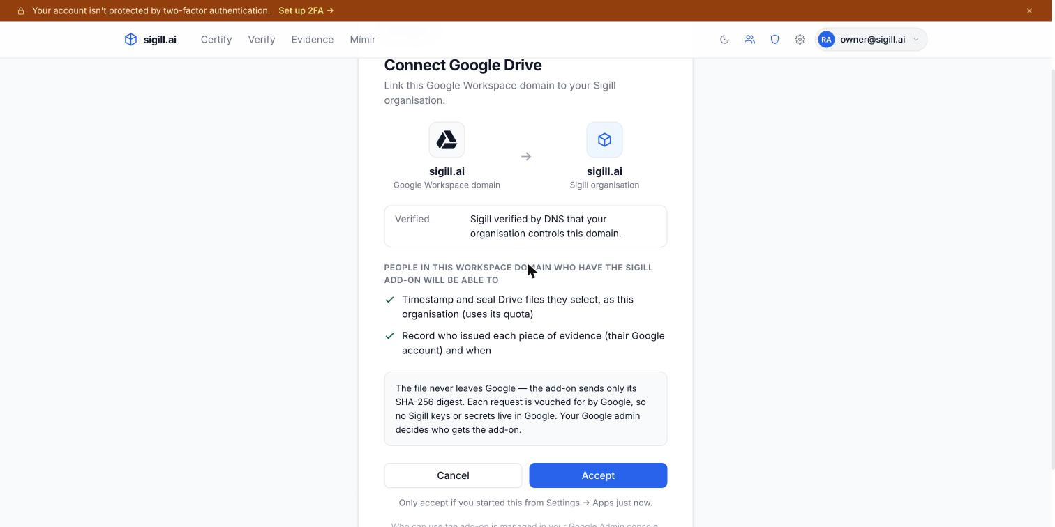Sigill's Connect Google Drive page: the verified domain to the Sigill organisation