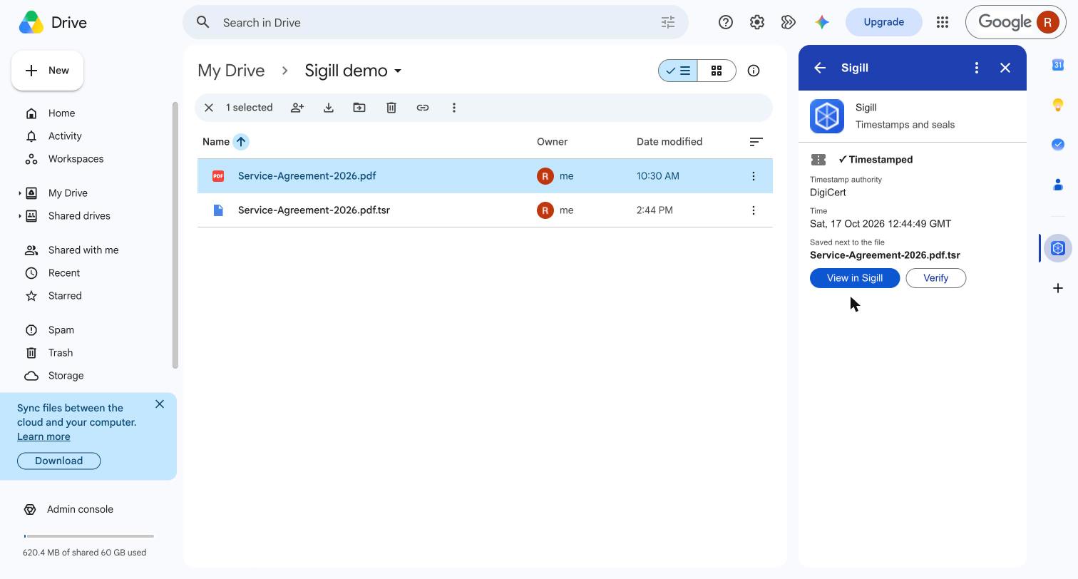 The timestamp result: timestamp authority, time, and the .tsr saved next to the file