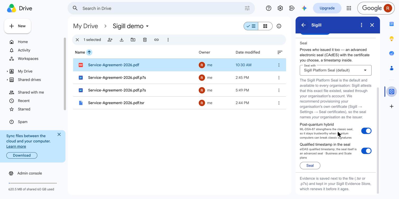 Seal options: certificate, post-quantum hybrid and qualified timestamp switched on